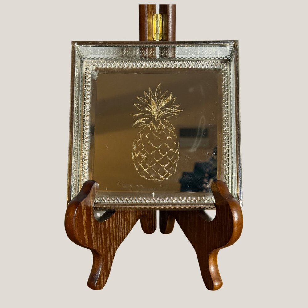 Beveled Glass Cynthia Rowley Mirrored Vanity Trinket Tray w/Pineapple Design